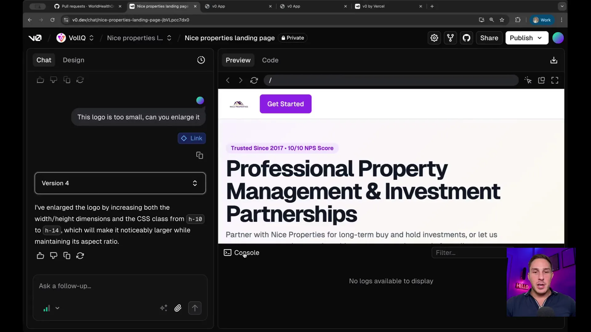 Version history and component editing features in Vercel v0