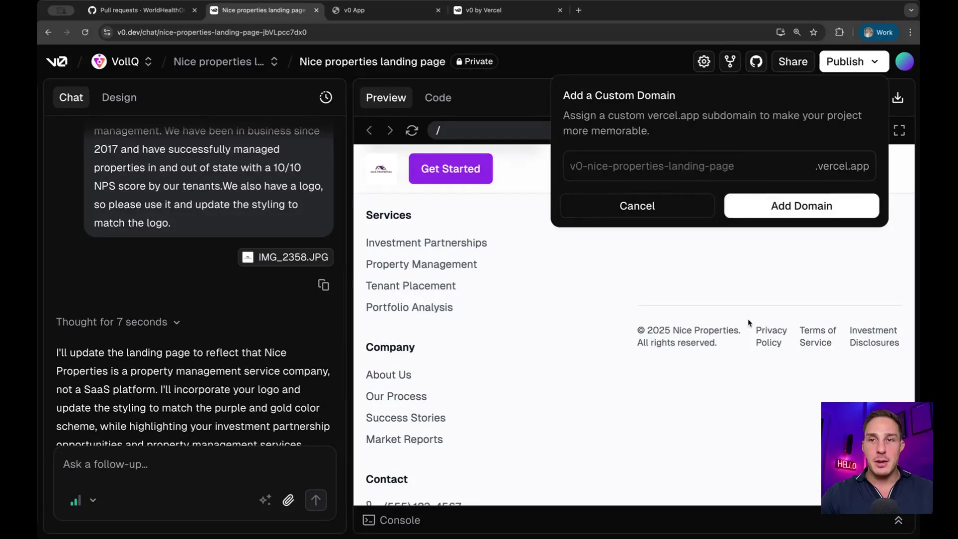 Domain management interface in Vercel v0