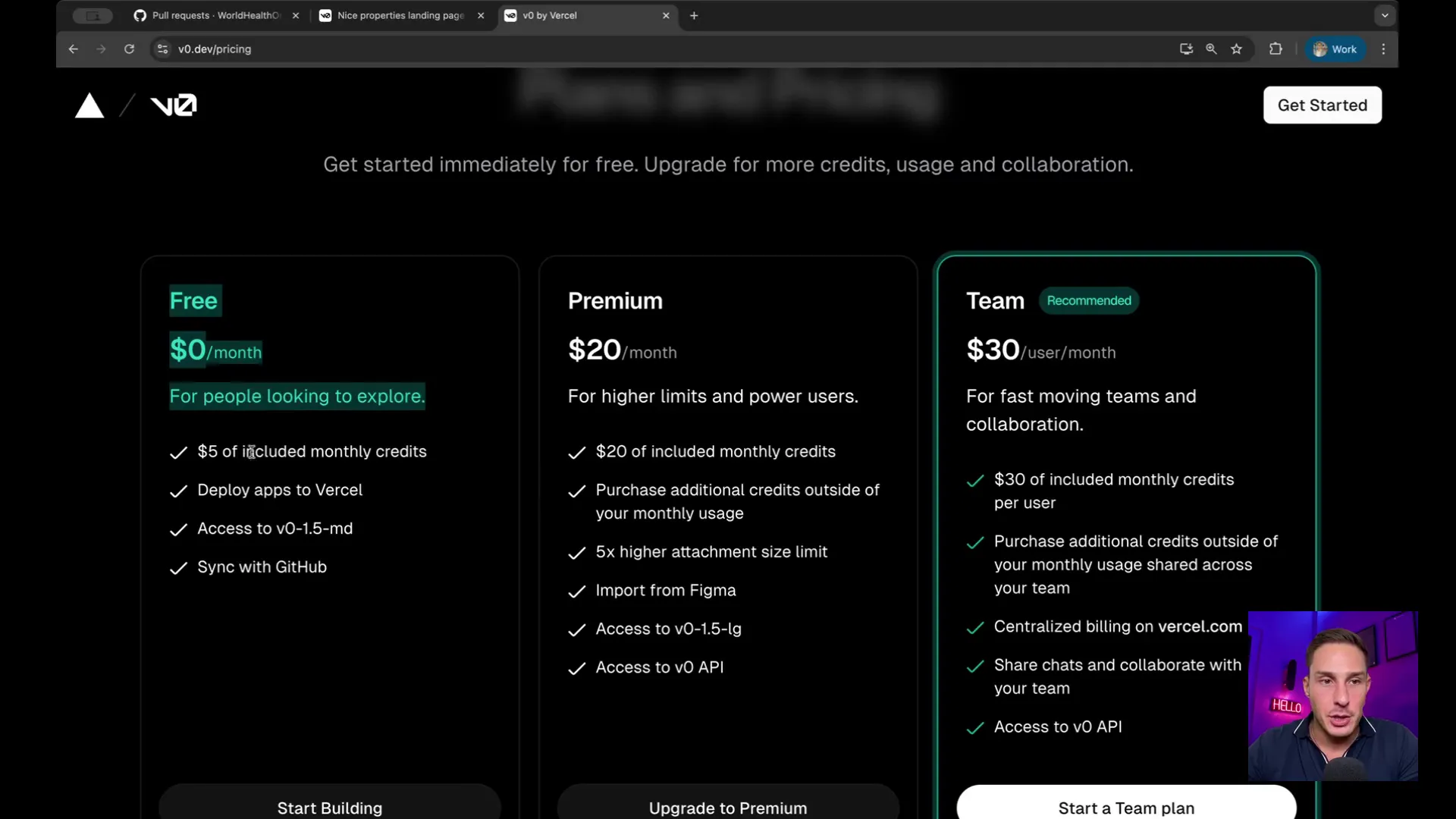 Vercel v0 pricing plans and credit usage dashboard