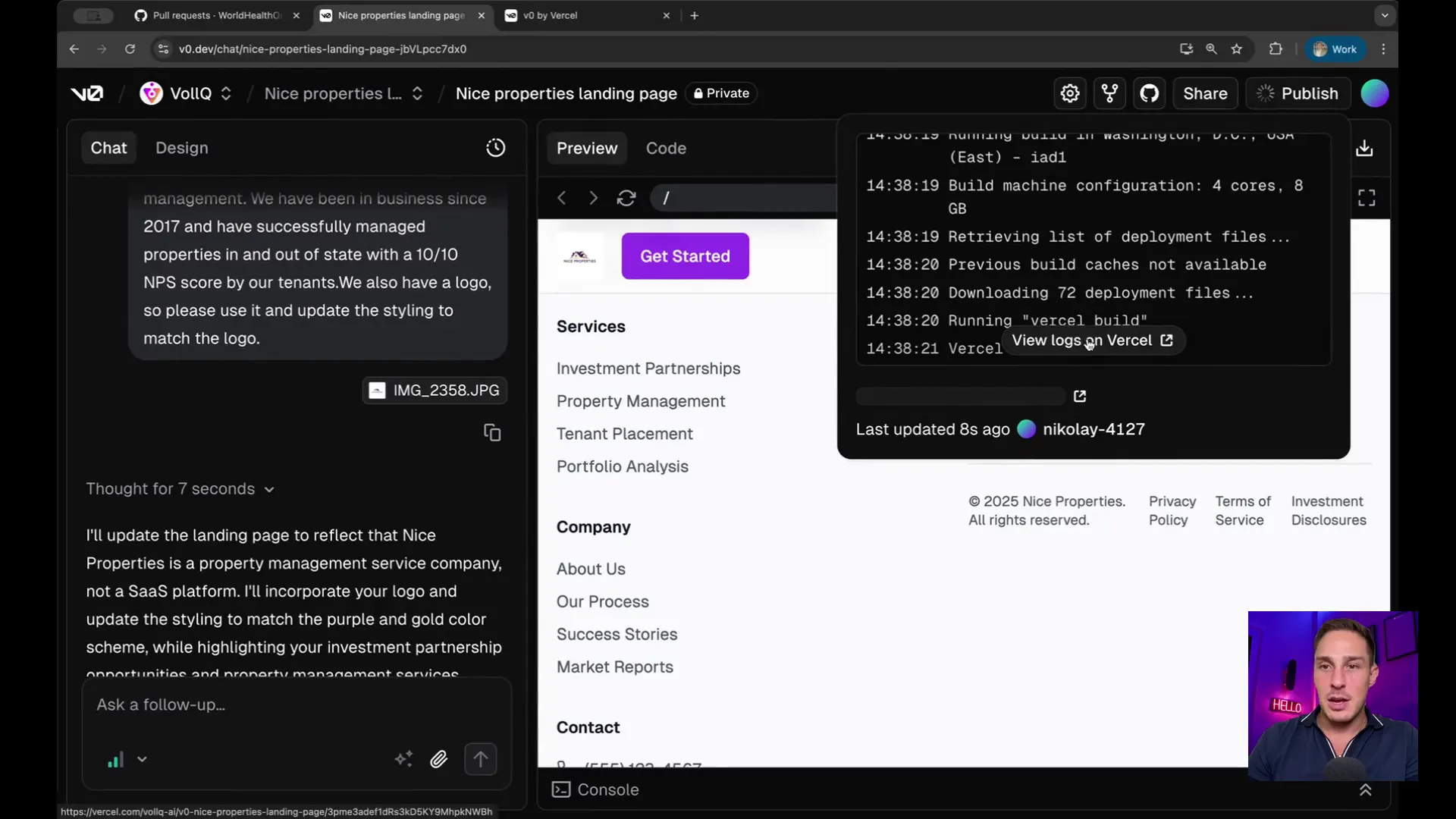 Deployment process and logs in Vercel v0