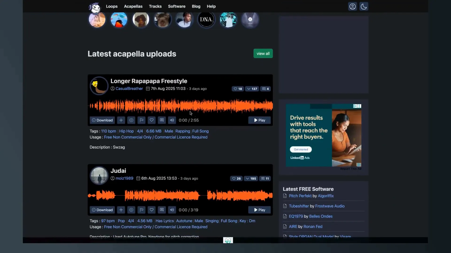 Looperman browse page with user uploaded loops