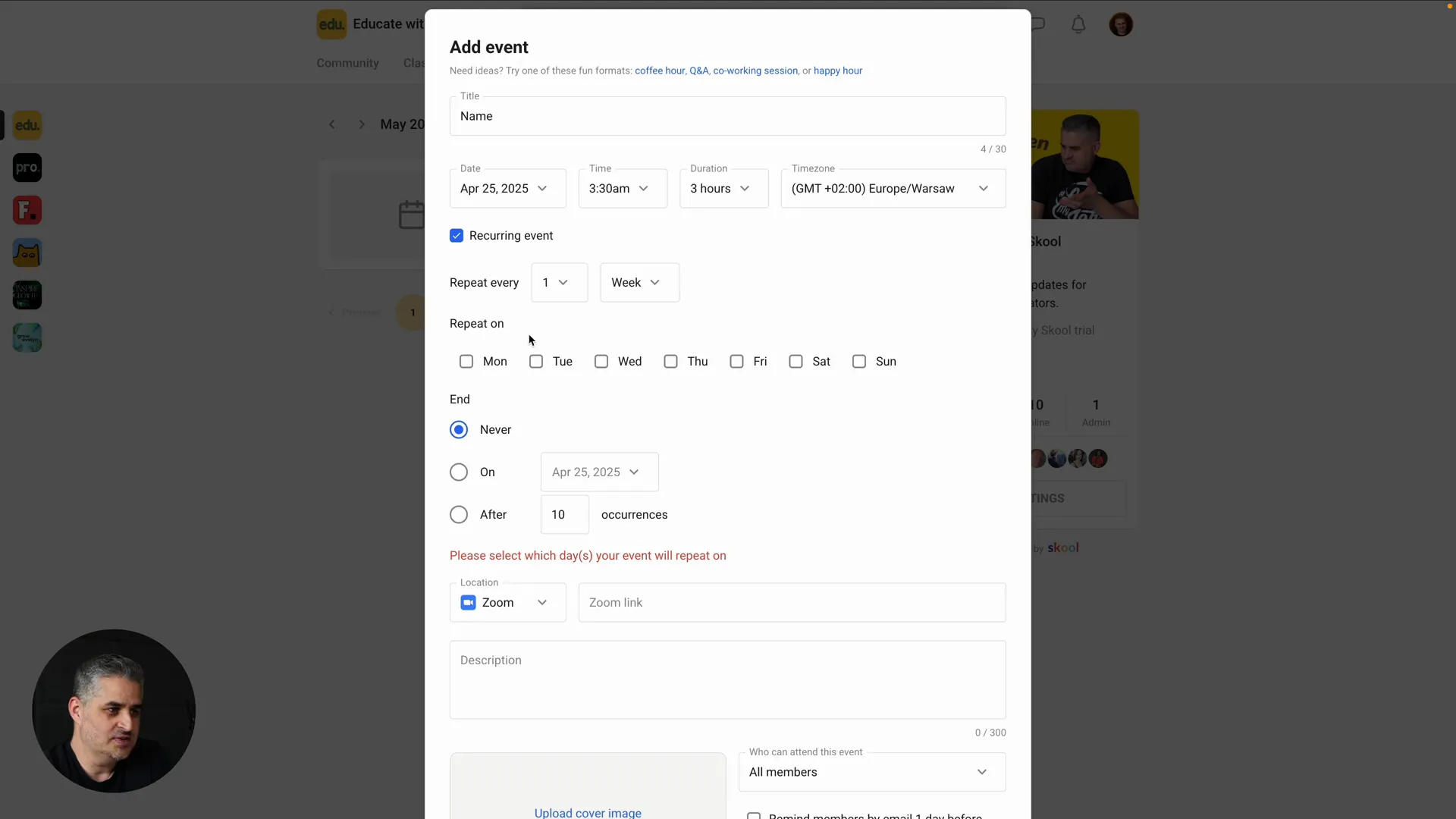 Event scheduling and calendar features in Skool