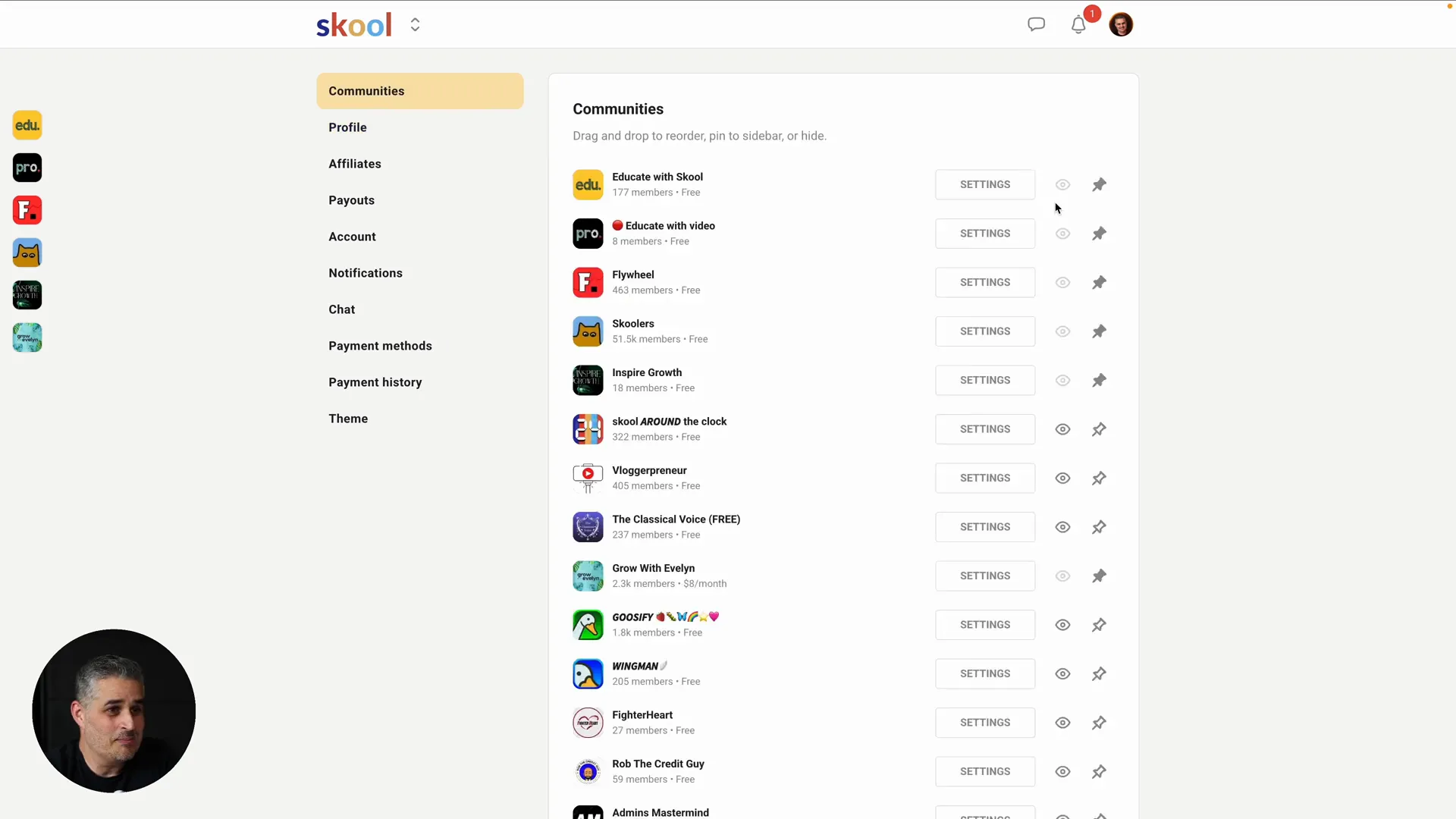 Profile pinning options and mobile app overview in Skool