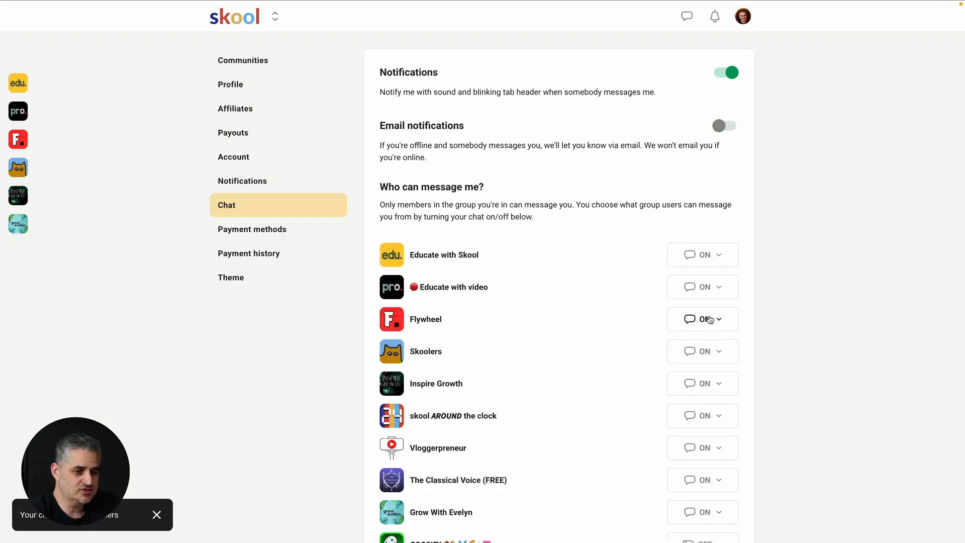 Chat and notification settings in Skool