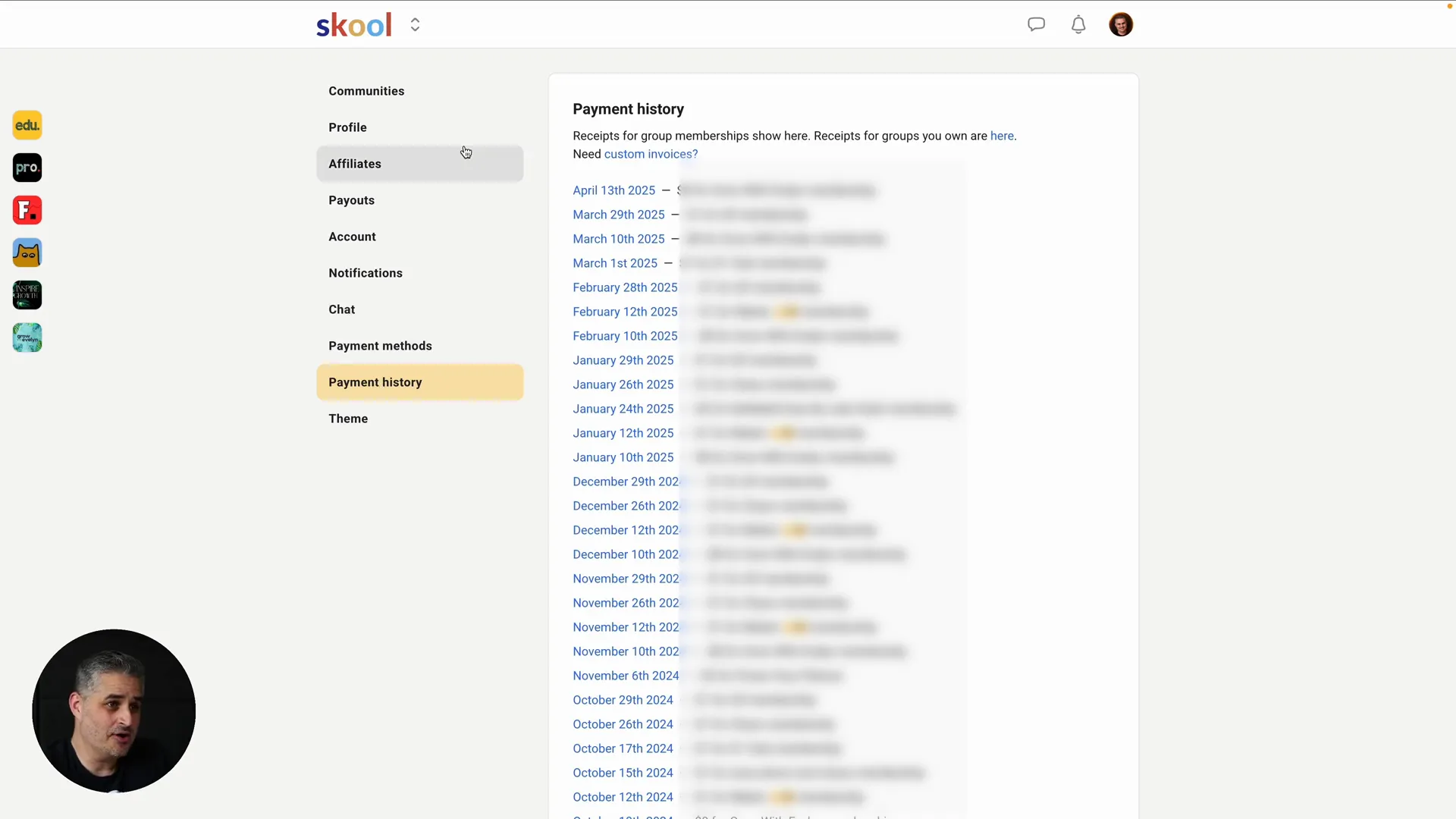 Billing, invoicing, and payment history in Skool