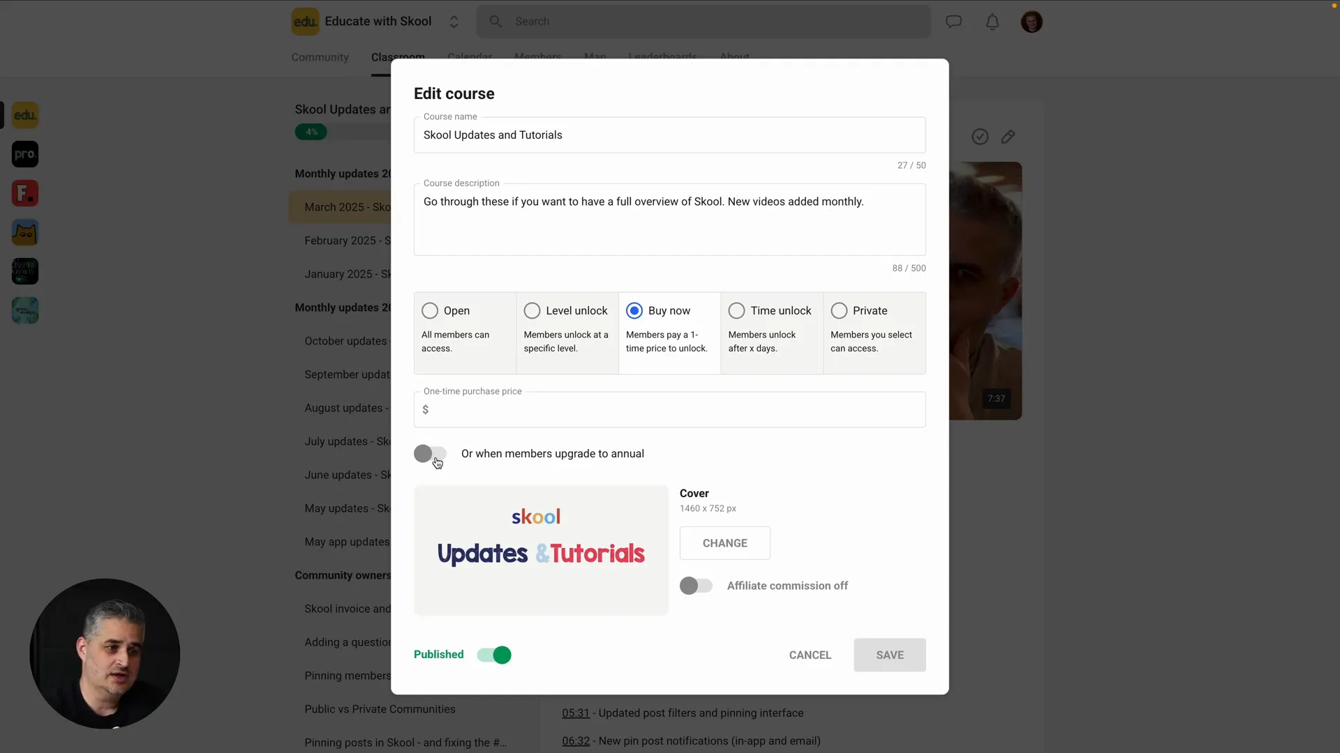 Access settings and affiliate commissions in Skool