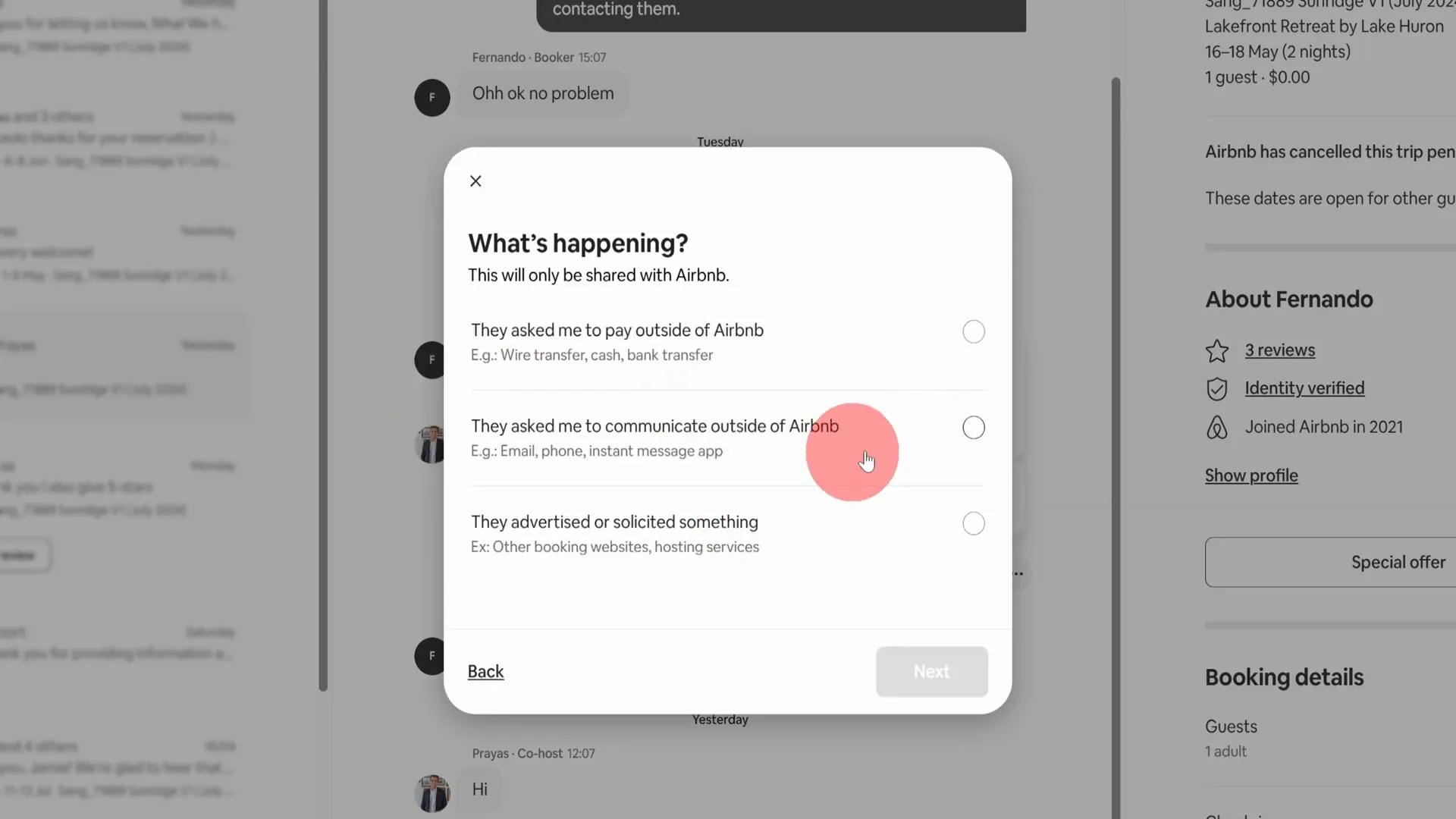 Choosing a reason for reporting