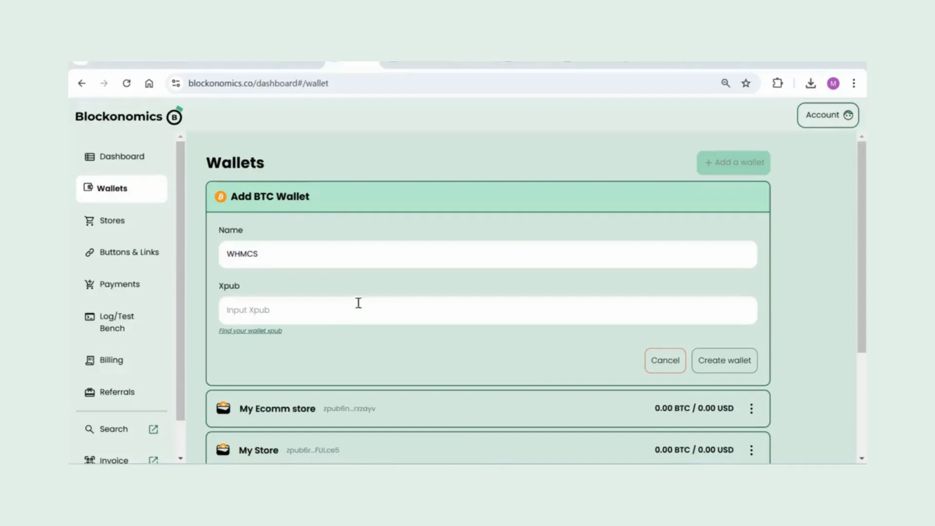 Adding a wallet to Blockonomics