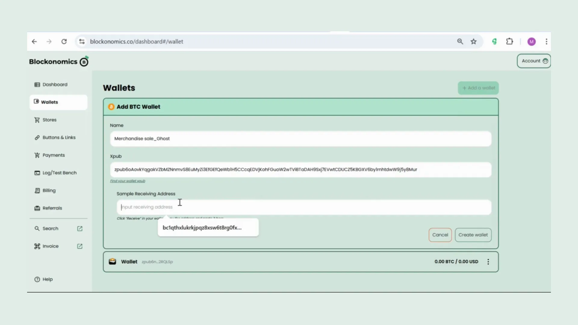 Adding wallet to Blockonomics