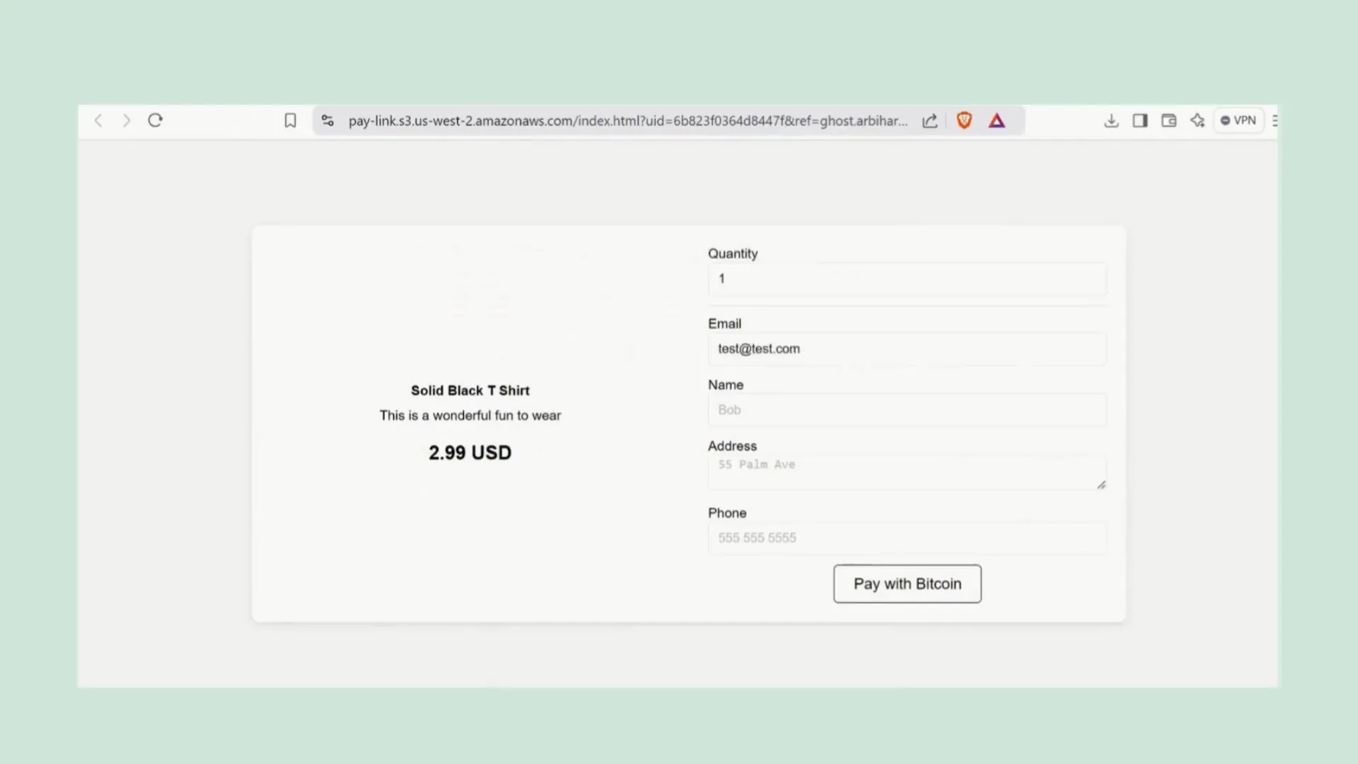 Payment page with Bitcoin address