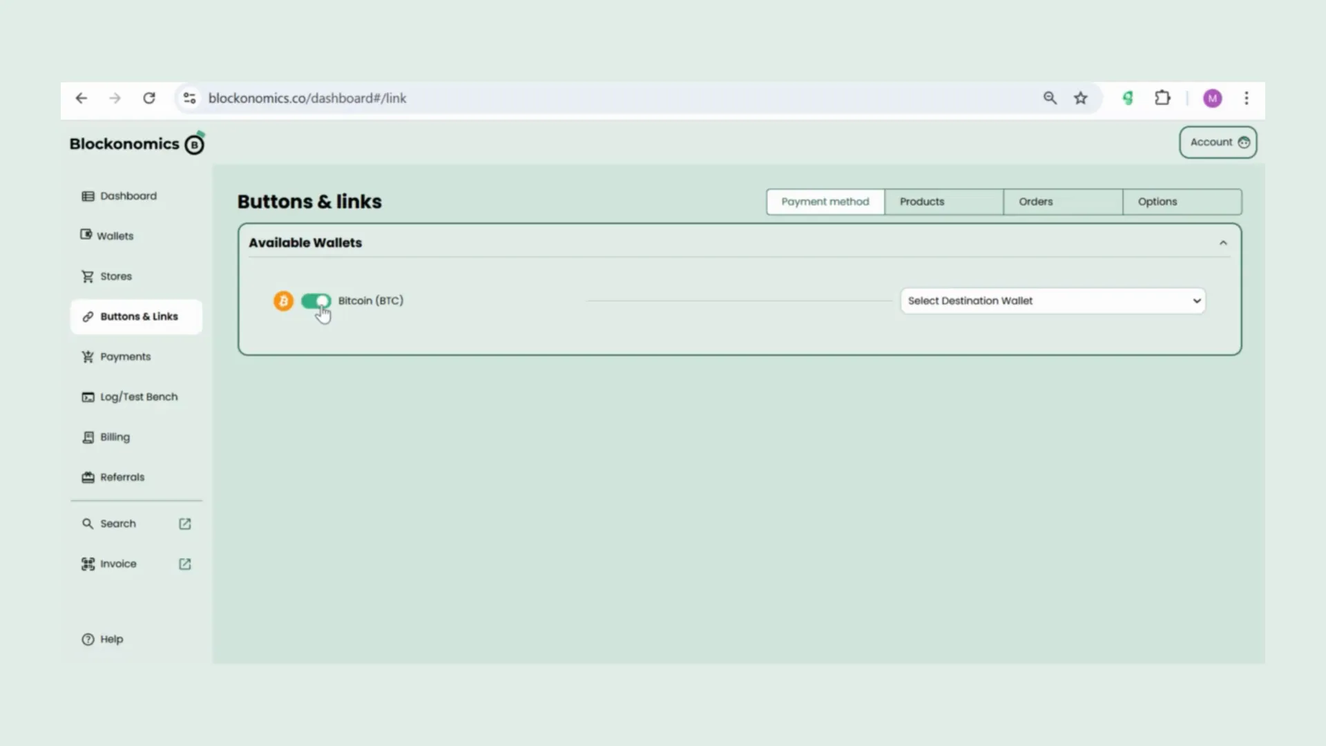Linking wallet in Blockonomics