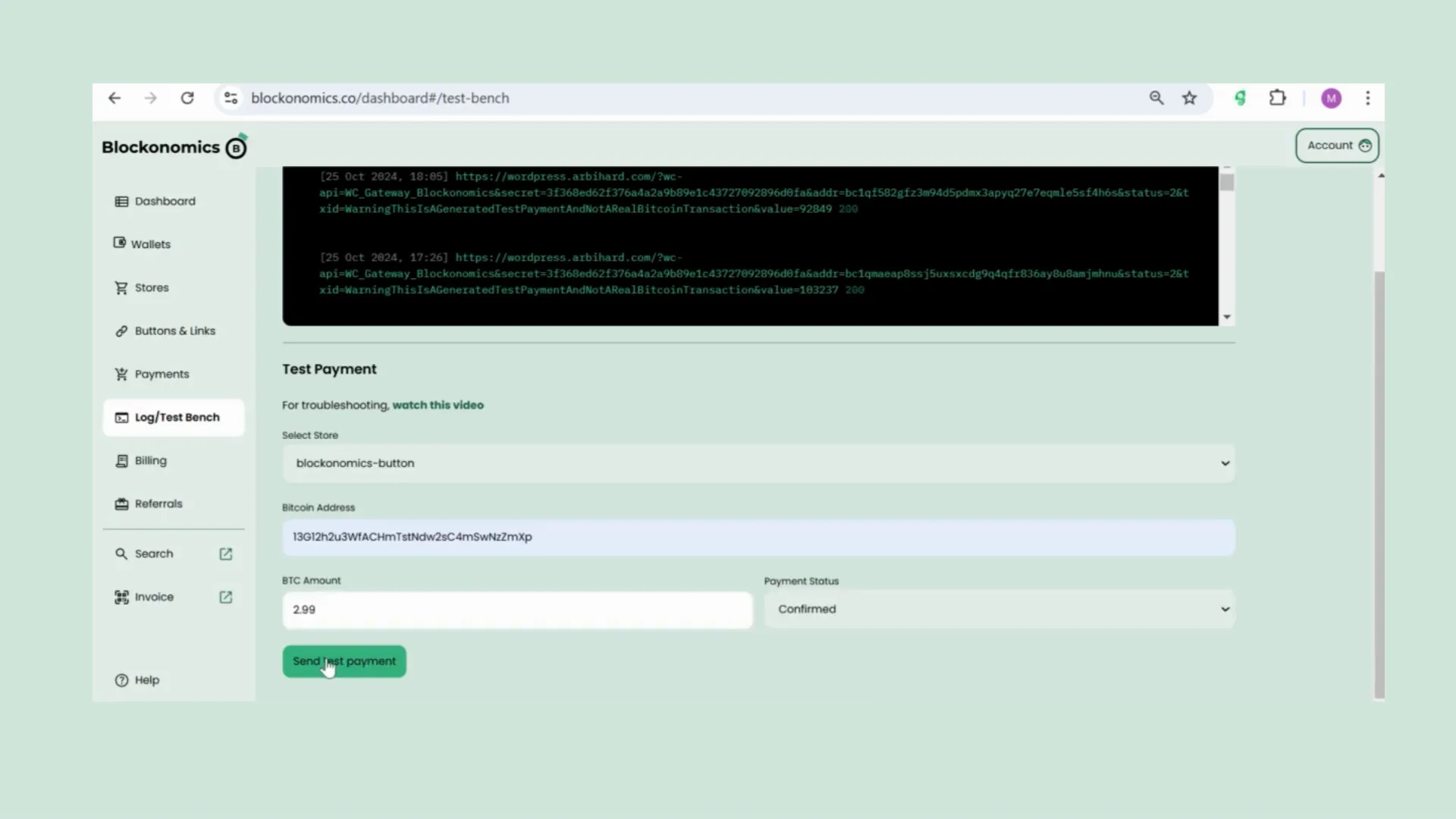 Sending test payment