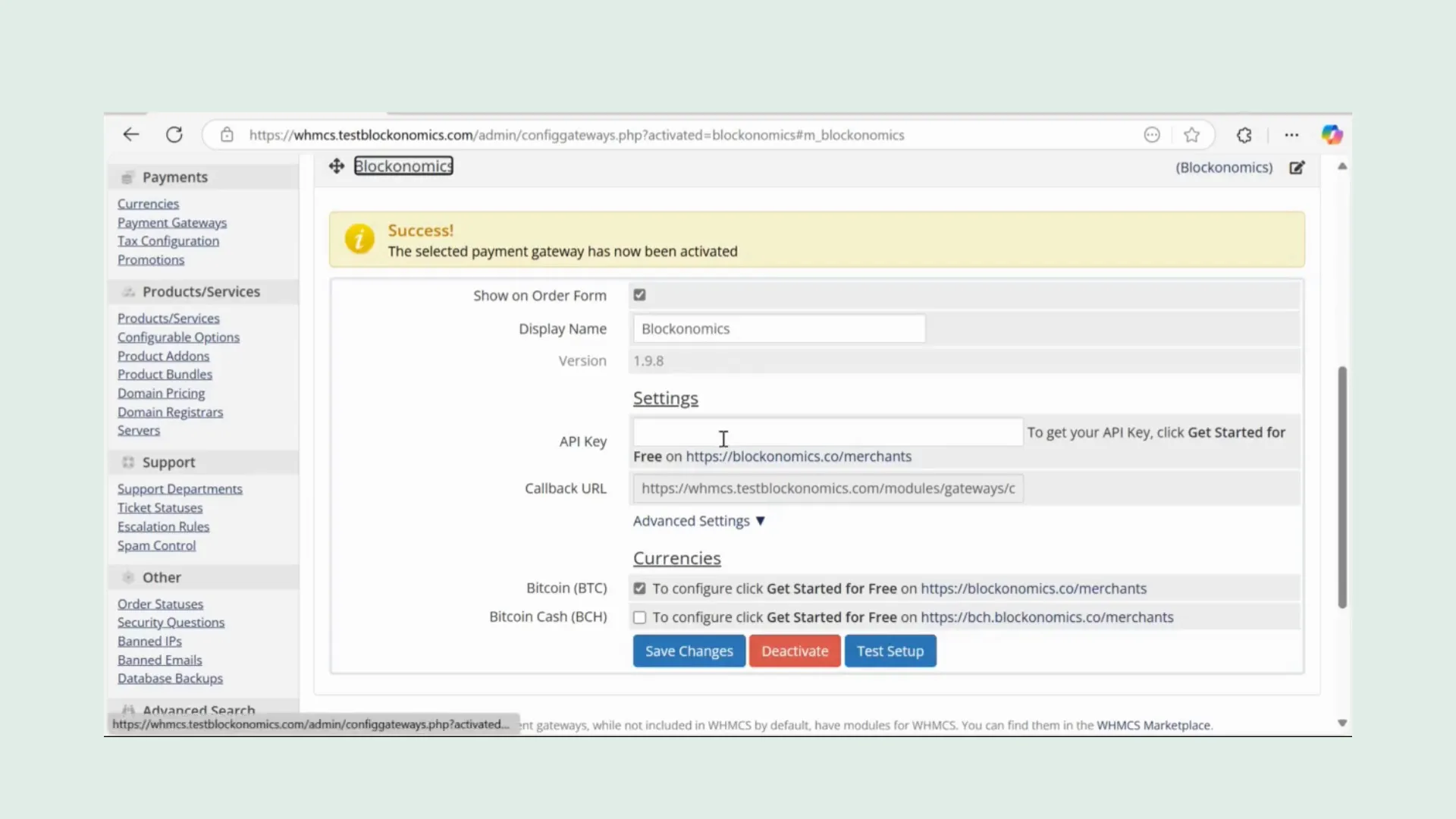 Activating Blockonomics in WHMCS