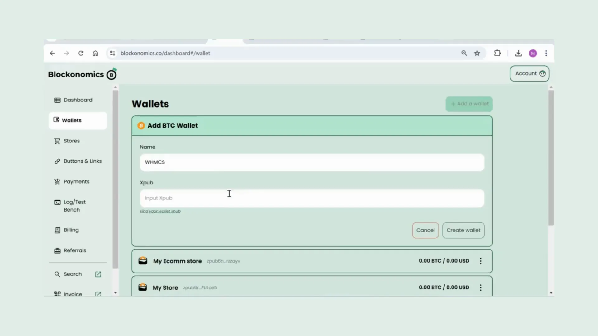 Adding a wallet in Blockonomics