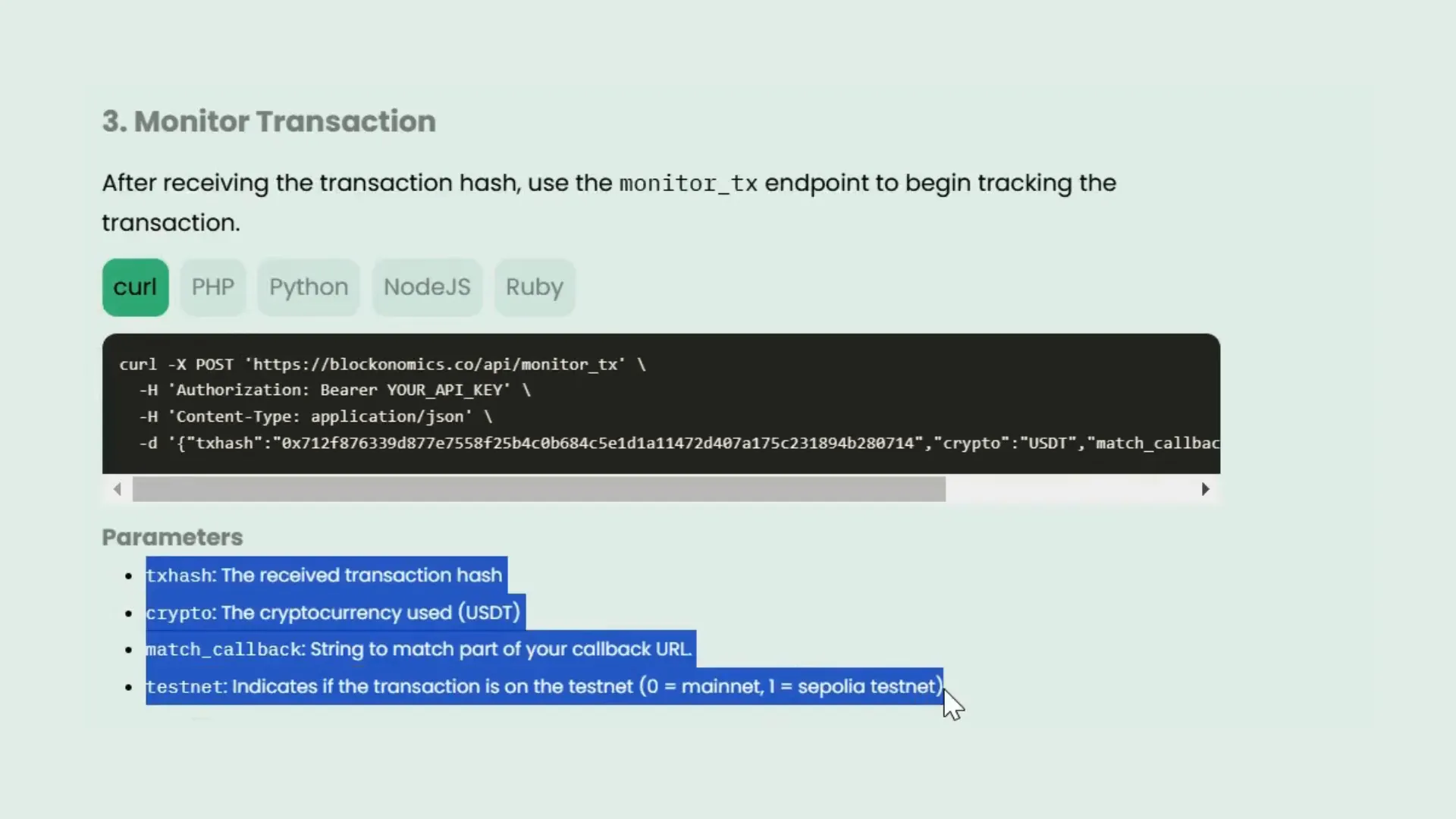 Transaction hash tracking setup