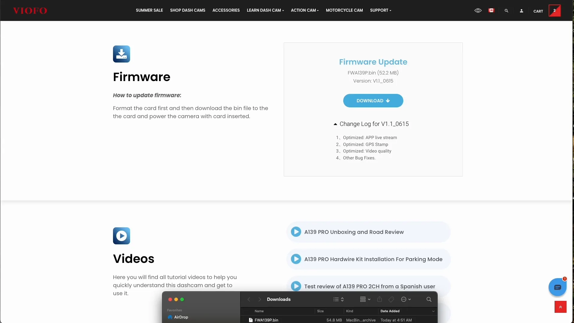 Downloading firmware from Viofo website