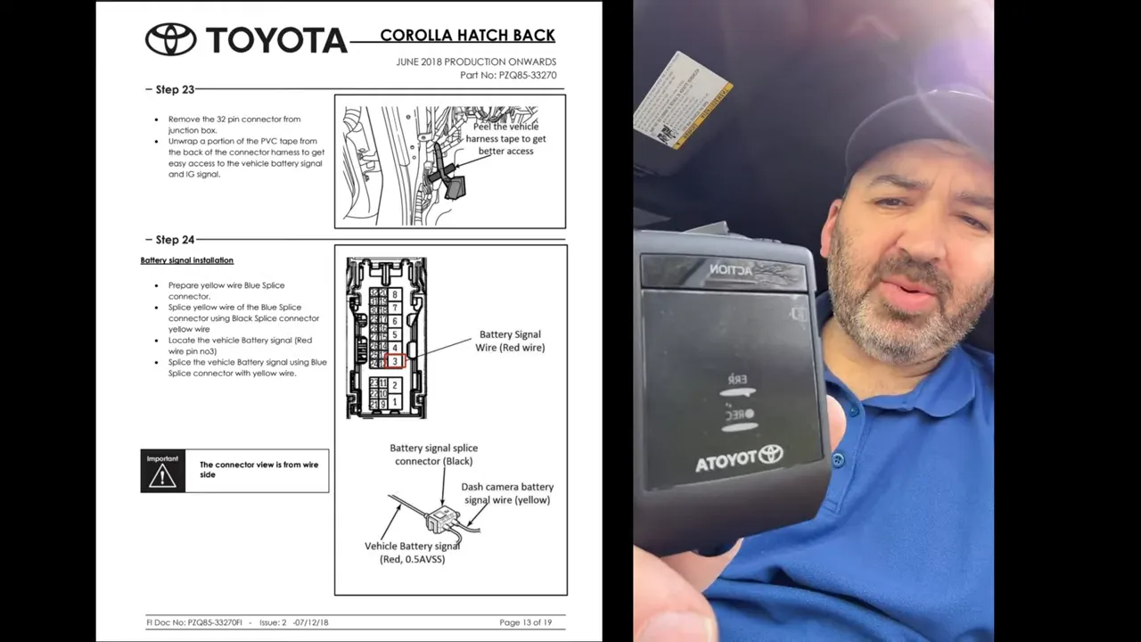 Toyota dash cam hardwiring battery signal splice diagram with dash cam power module close-up