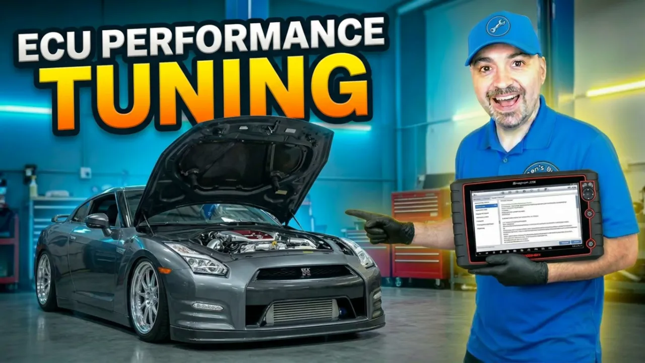 ECU tuning setup with vehicle hood up and diagnostic display