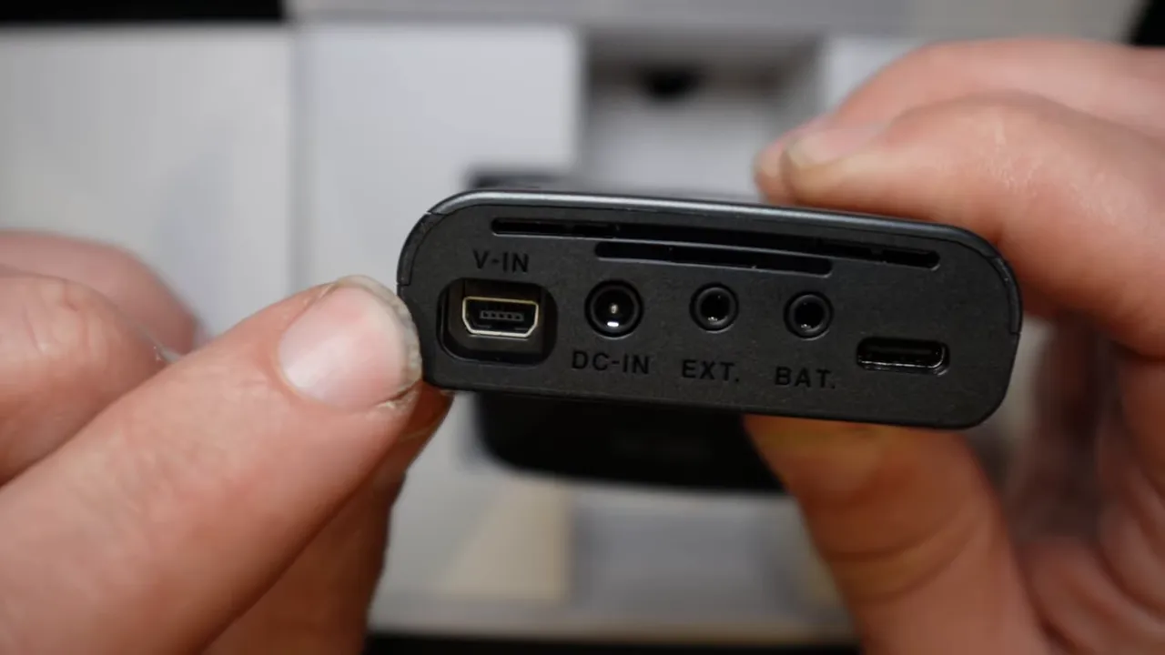 Top view showing video input, DC-IN, EXT, BAT and USB-C ports
