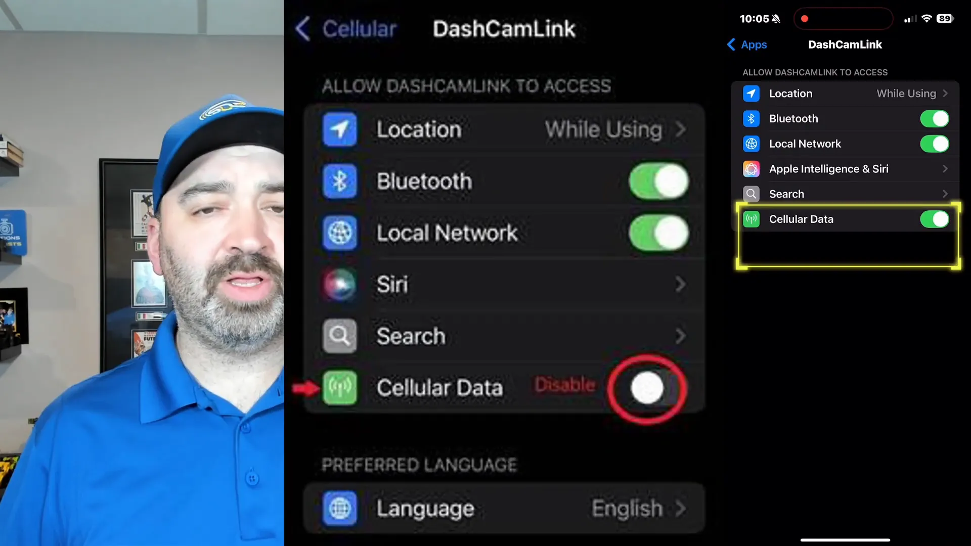 Disable cellular data for Dash Cam Link app in iPhone settings