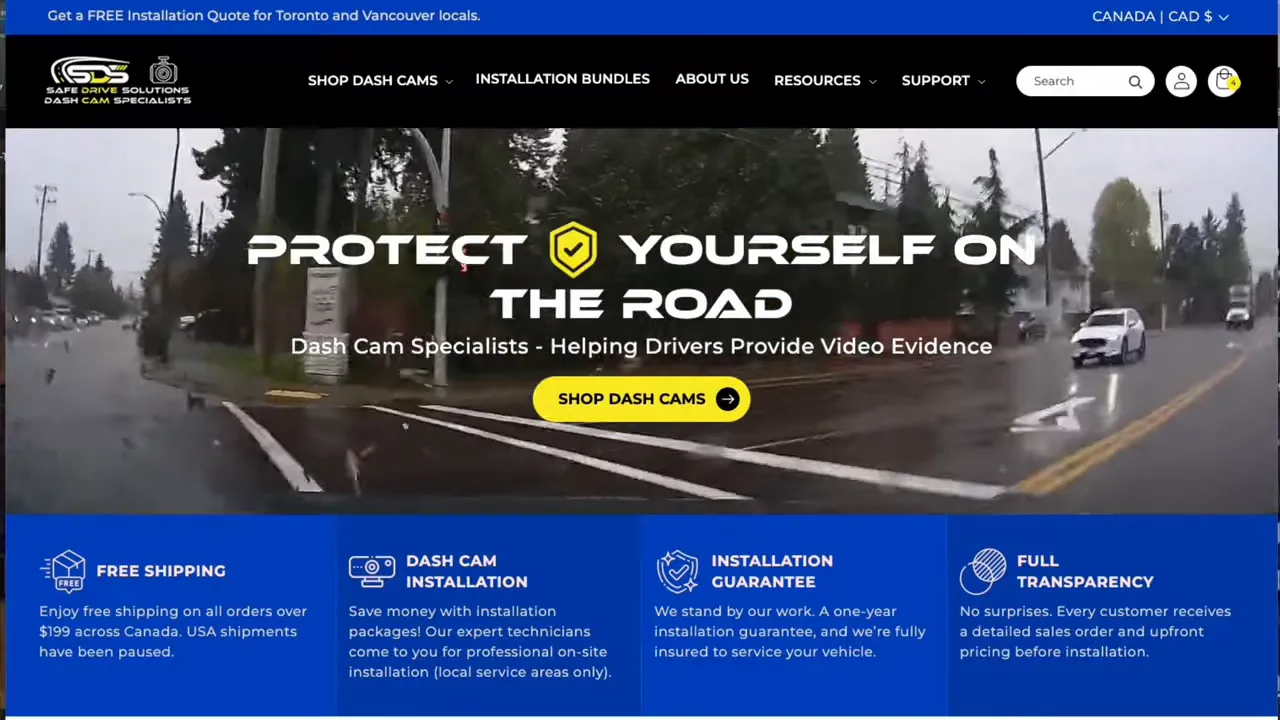 Screenshot from a dash cam installation page showing protect yourself on the road message over driving footage