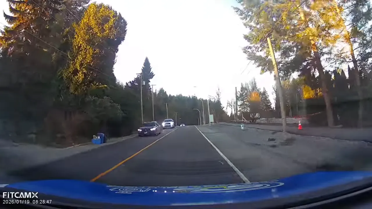 Daytime dash cam footage on a two-lane road with oncoming vehicles and roadside trees
