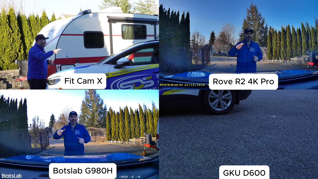 Split-screen comparison test beside a parked car showing labeled cameras during impact wake-up testing