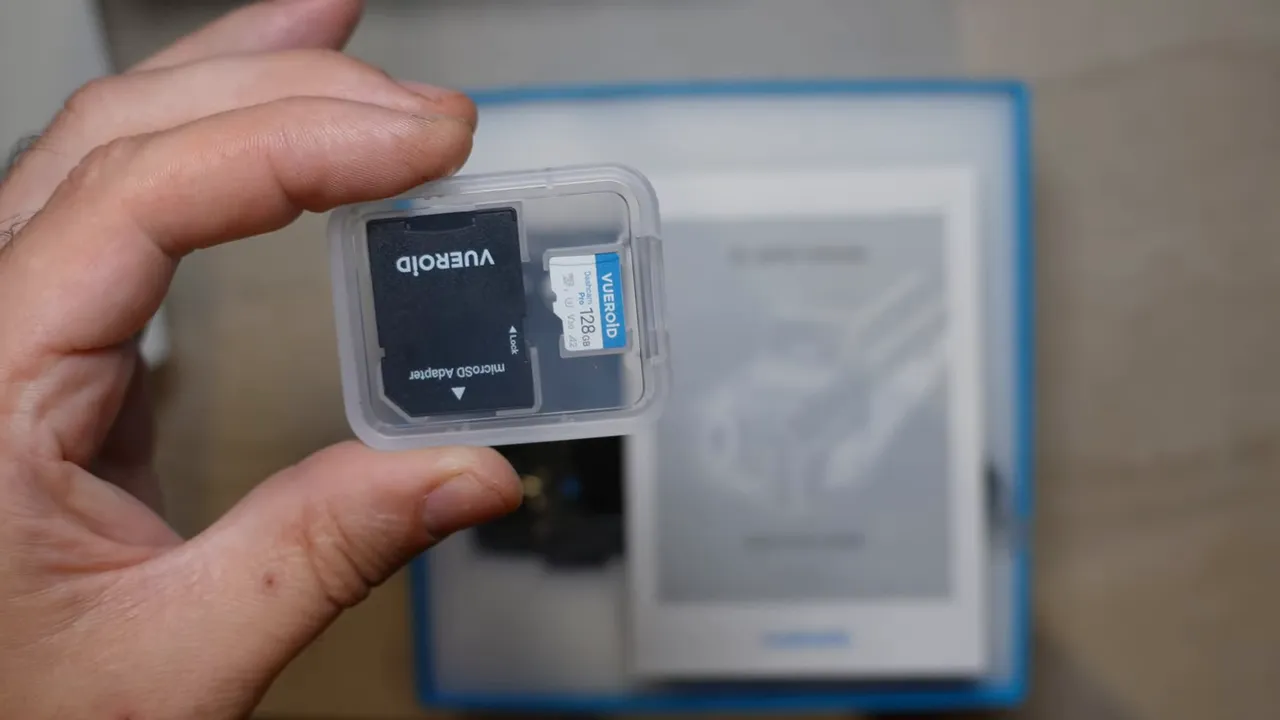 Vueroid microSD card shown in a clear protective case