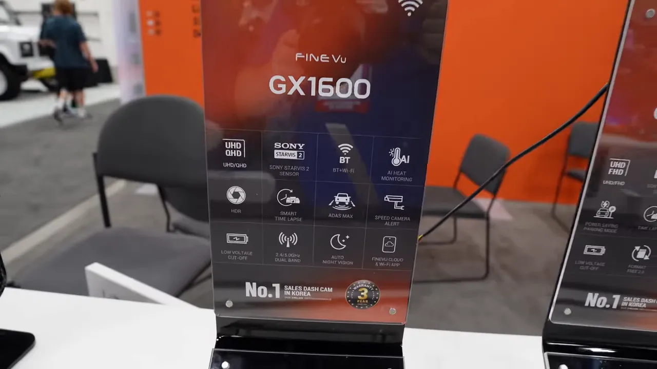 FineVu GX1600 feature card centered on a display stand showing Sony Starvis 2 badge, BT+Wi‑Fi and other feature icons.
