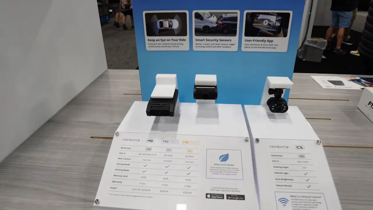 Firstech Momento display showing three compact dash camera modules and specification cards