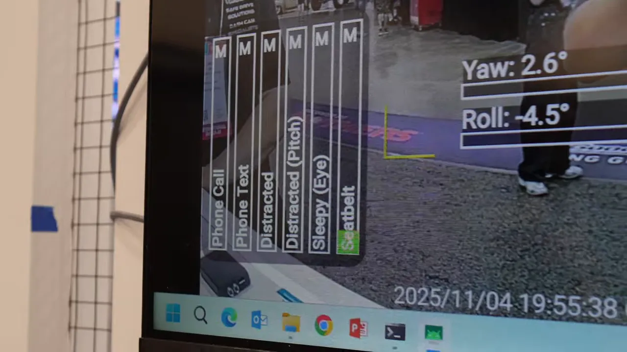 Crisp screen crop showing driver-monitoring UI with readable labels for Phone Call, Phone Text, Distracted, Sleepy (Eye) and a highlighted Seatbelt indicator, plus yaw/roll readings.