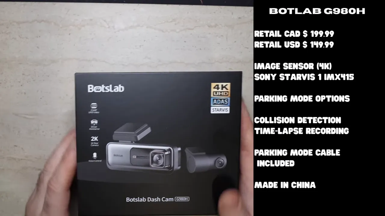 Botslab dash cam box on a table with feature text listed on the right side of the screen