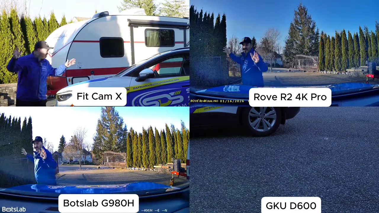 Multi-camera comparison screen showing parked vehicle test views from several dash cameras
