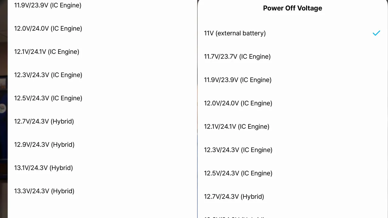 Power off voltage settings list showing multiple cutoff options for engine and hybrid modes