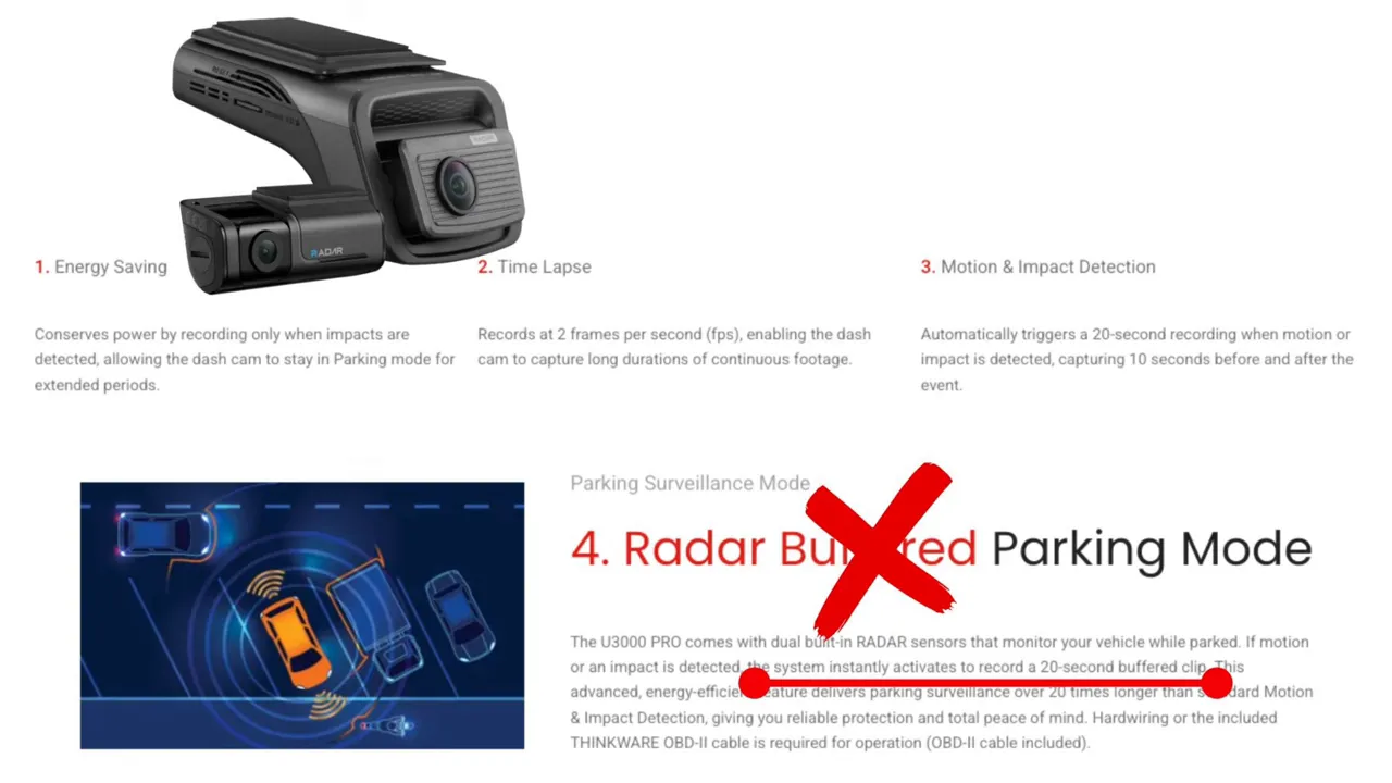 Clear screenshot of dash camera parking surveillance features highlighting a radar buffered parking mode with a red X overlay.