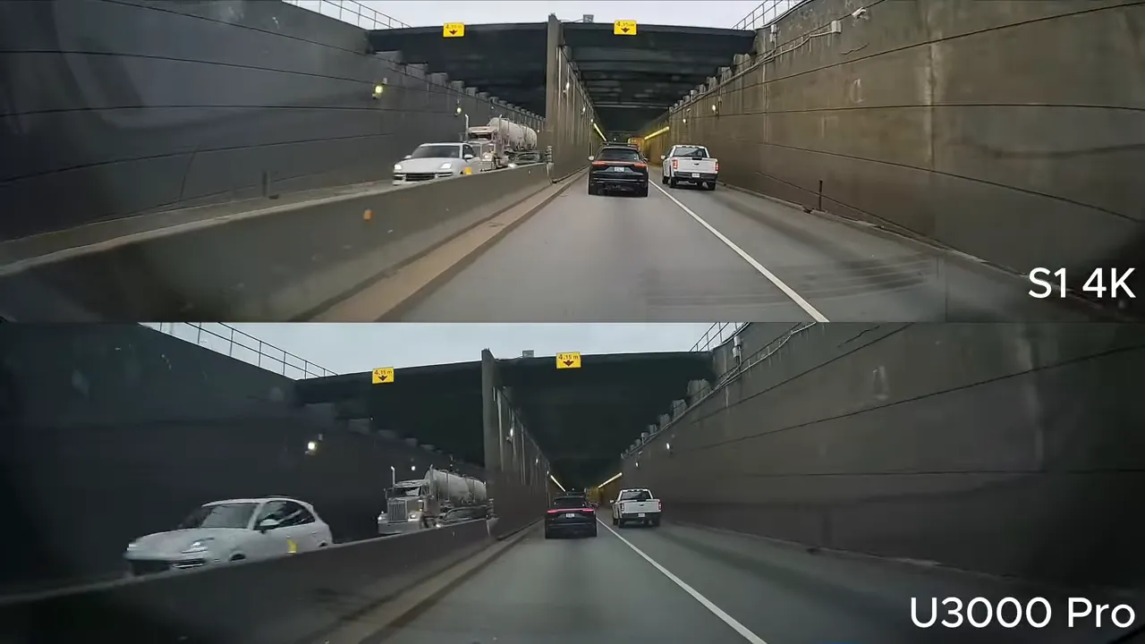 Split-screen image showing vehicles entering a tunnel with overhead clearance signs; Vueroid S1 4K on top and Thinkware U3000 Pro on bottom highlighting exposure and shadow detail.