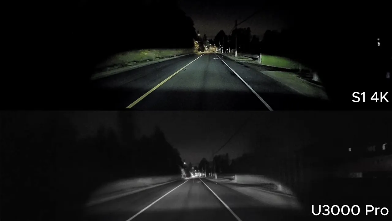 Side-by-side night dashcam comparison: S1 4K top with brighter color and visible foliage, U3000 Pro bottom with darker monochrome look