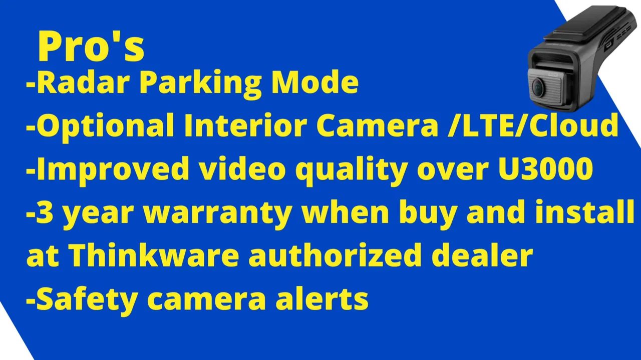 Clear slide showing Thinkware U3000 Pro pros: Radar Parking Mode, optional interior camera/LTE/Cloud, improved video quality and 3-year warranty