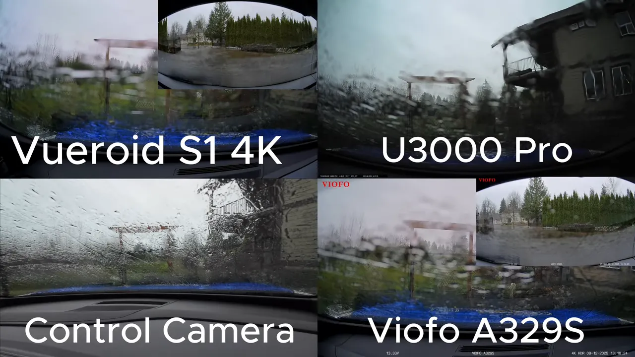 Four-way dashcam comparison in heavy rain showing Vueroid S1, U3000 Pro, control camera and Viofo A329S front views