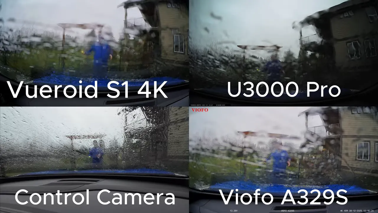 Four-way dashcam comparison of a tennis-ball impact on the windshield in heavy rain showing the tester and raindrops across each camera view.