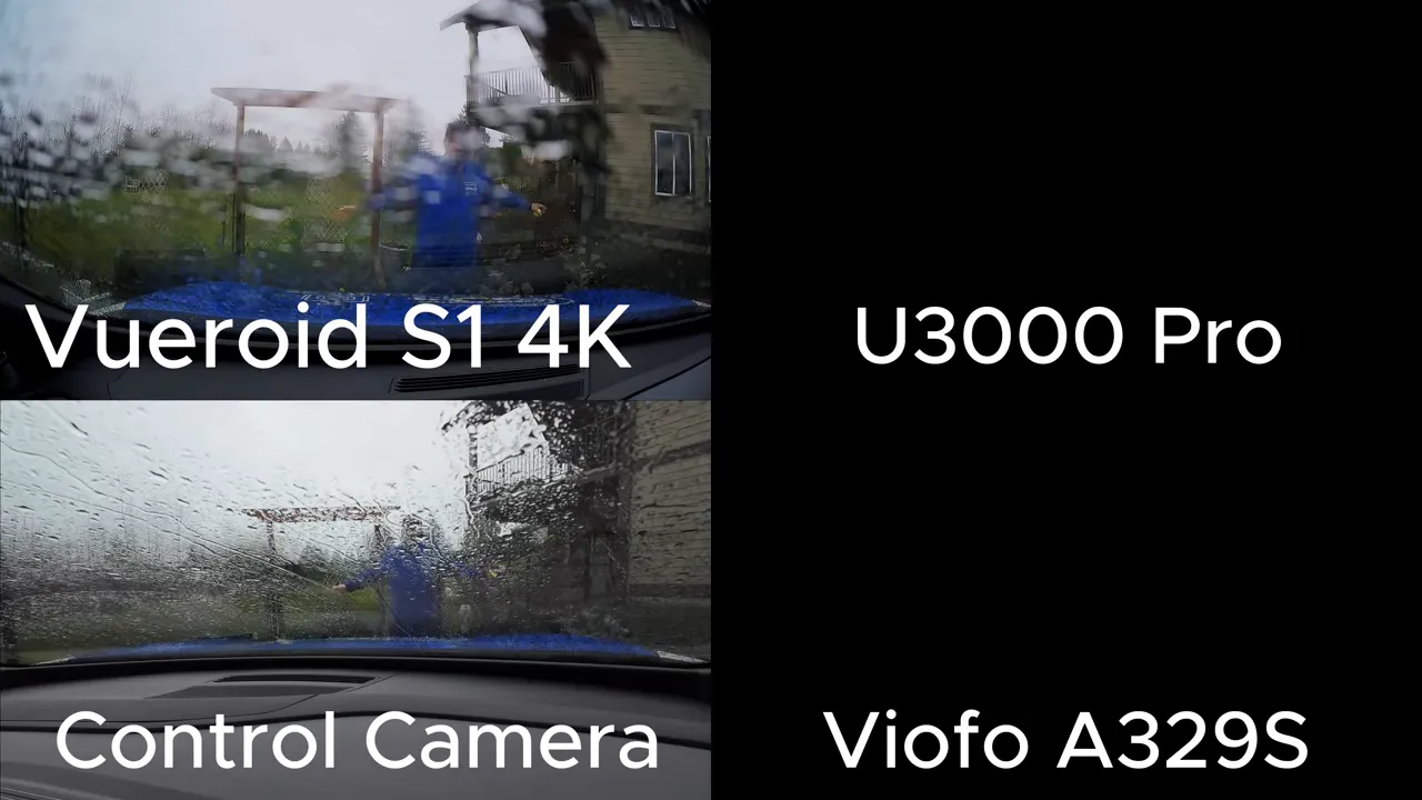 Vertical two-frame dashcam comparison of Vueroid and control camera views with raindrops on the windshield and a person near the passenger side.