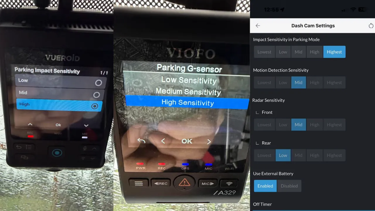 Composite image of three dash cam screens showing parking impact sensitivity and app sensitivity settings