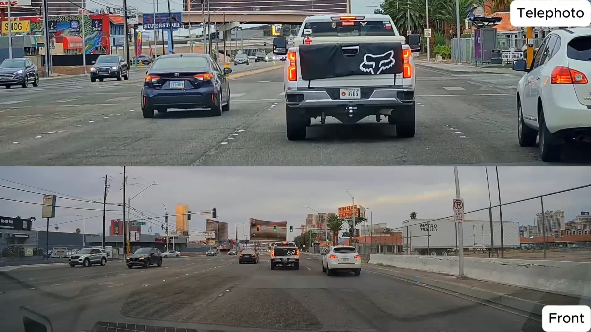 Telephoto lens zoomed in clearly capturing license plate of Nissan Rogue ahead