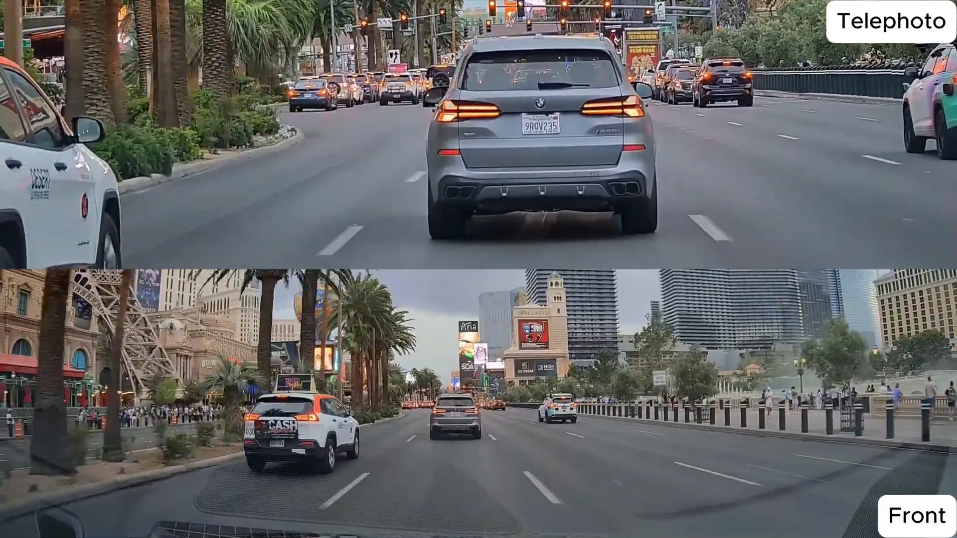 BMW X5 license plate captured clearly with telephoto dashcam on Las Vegas Strip