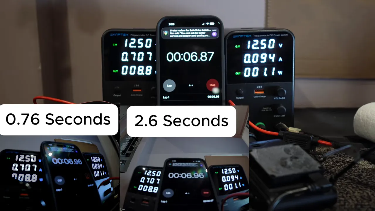 Smartphone stopwatch at 00:06.87 with two programmable power meters and overlay labels '0.76 Seconds' and '2.6 Seconds' showing dash cam startup comparison