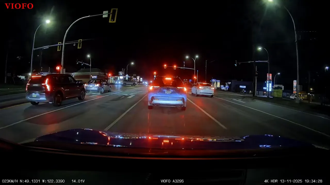Viofo A329S dashcam night road view with taillights and license plates visible