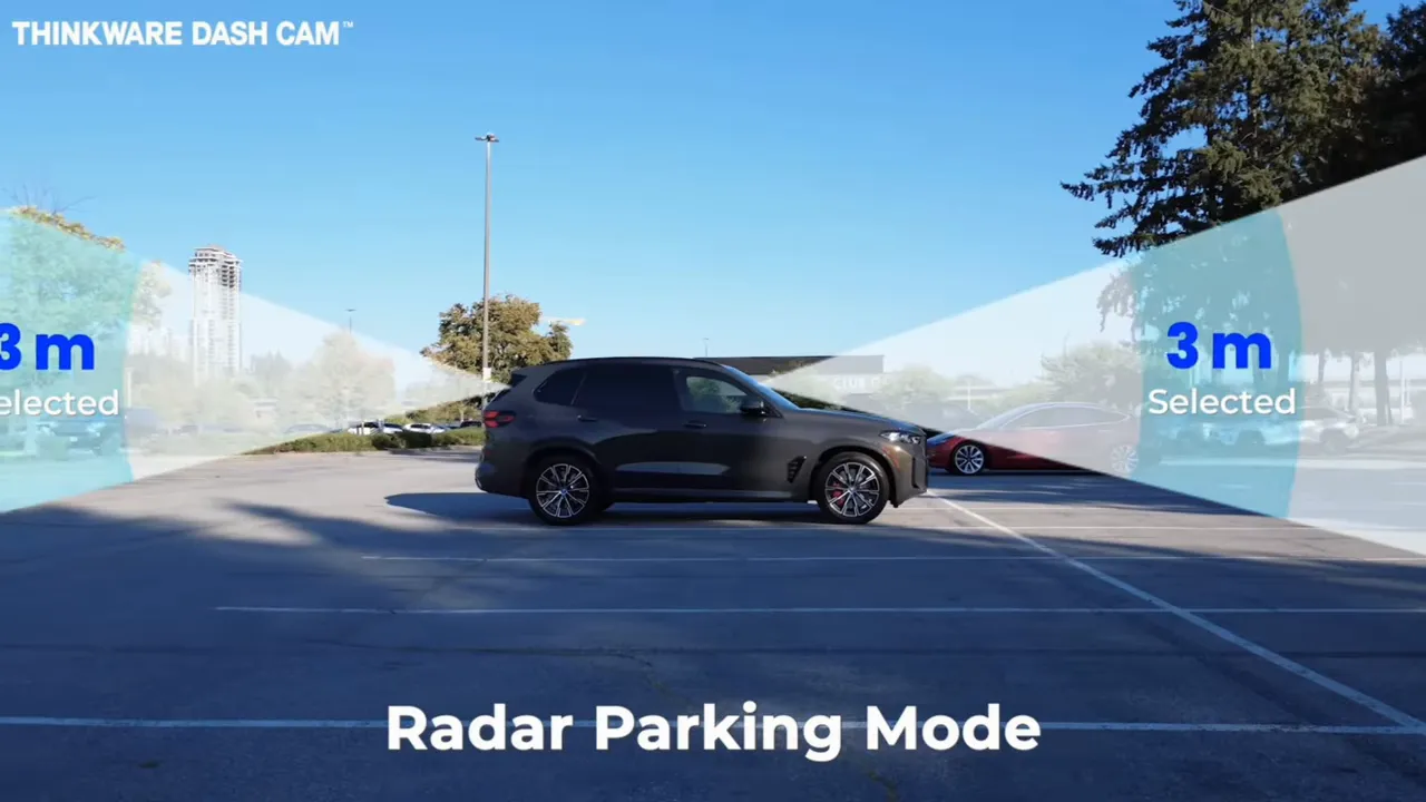 Clear parking-lot shot of an SUV with split radar detection overlays on both sides and '3 m Selected' callouts