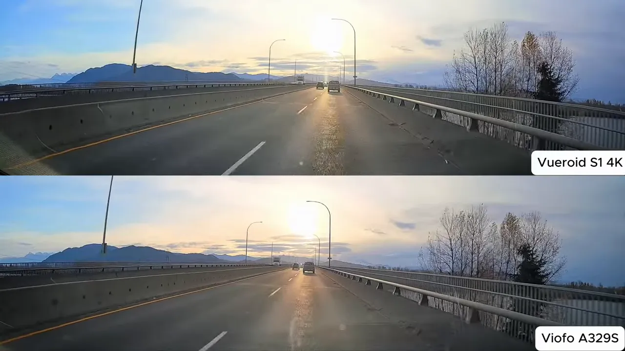 High-quality daytime dashcam comparison showing Vueroid S1 4K (top) and Viofo A329S (bottom) capturing road, sun glare and distant detail