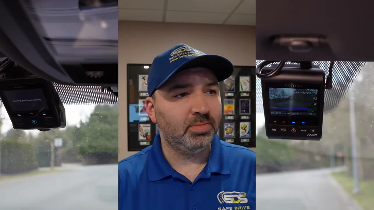 Windshield dashcam display showing a 'Starting parking' message with the presenter visible in the center panel