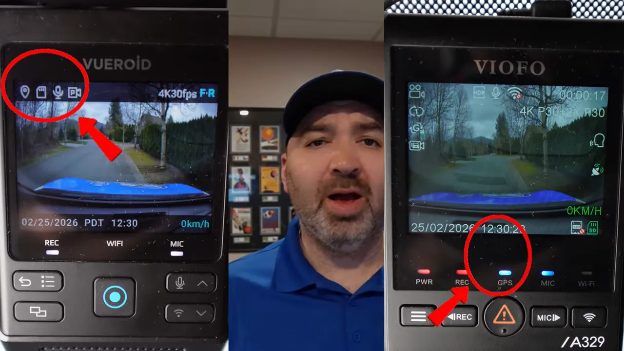 Close-up of two dashcam displays highlighting the GPS/location icon on the left screen and a steady blue GPS indicator LED on the right Viofo unit.